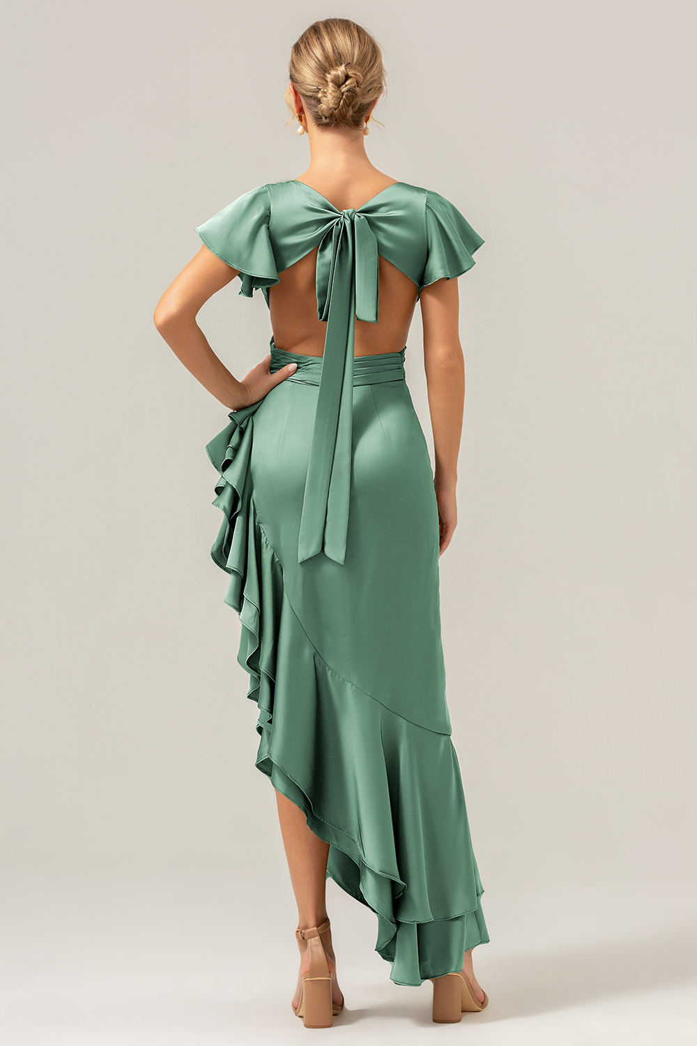 Elegant Asymmetrical Midi Formal Dress with Bow Back