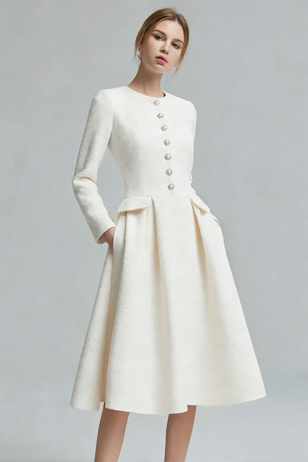 Ivory Tweed A Line Long Sleeves Pageant Interview Dress with Pockets