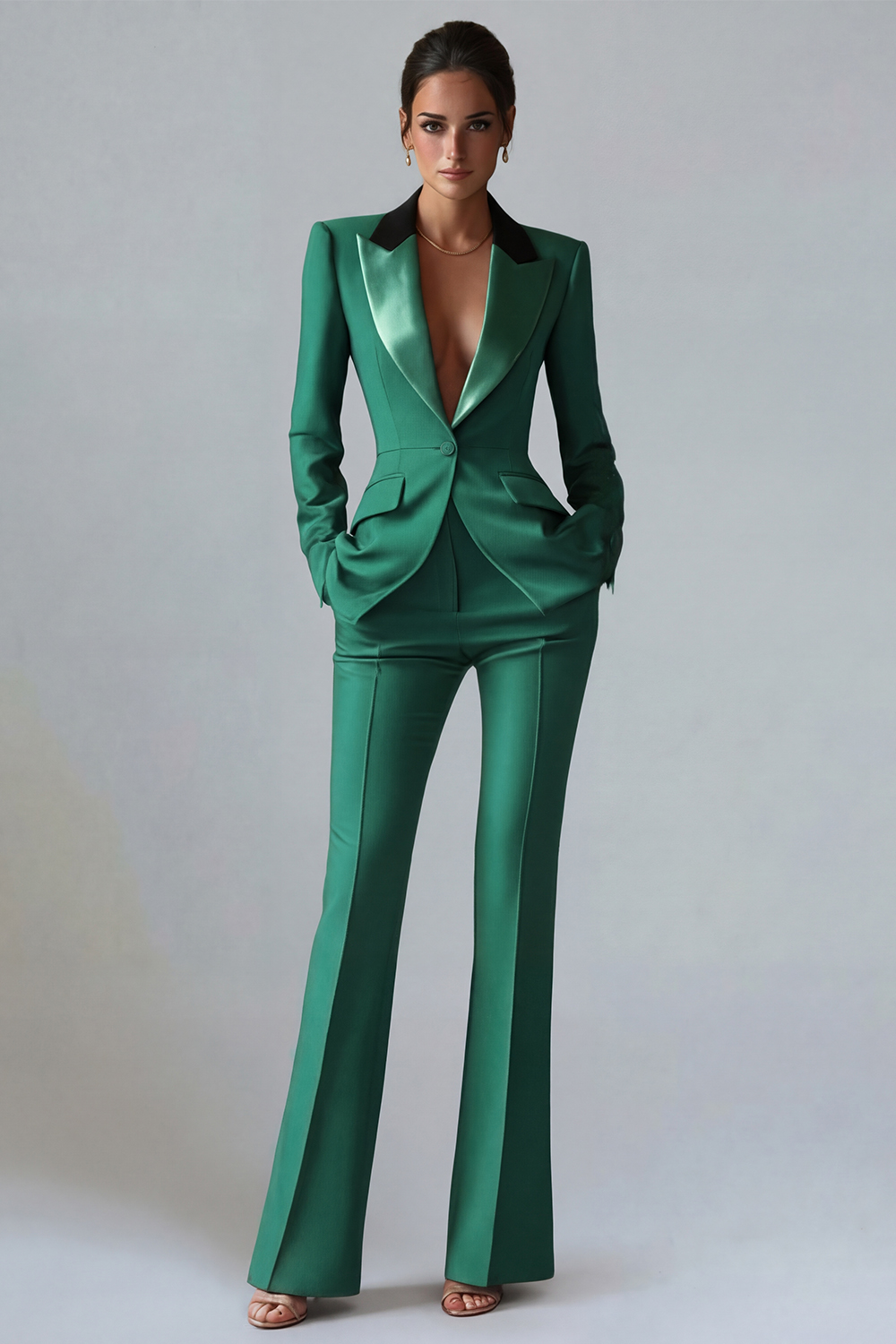 2 Piece Dark Green Slim Fit Peak Lapel Business Suits with Pockets