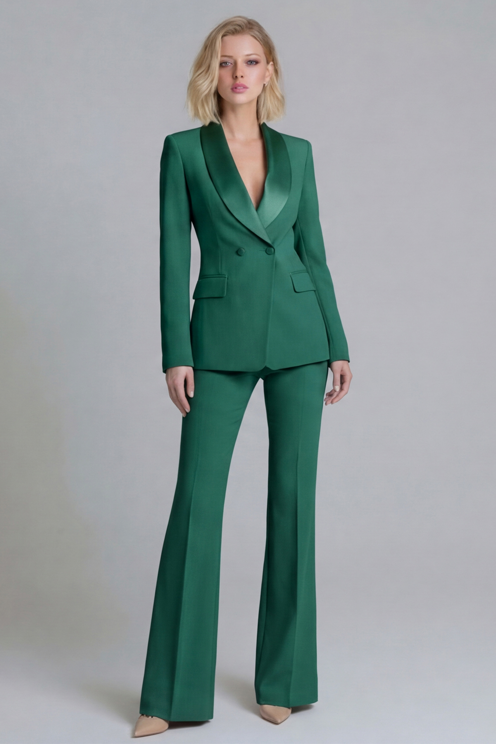 2 Piece Grey Green Double Breasted Shawl Lapel Business Suits