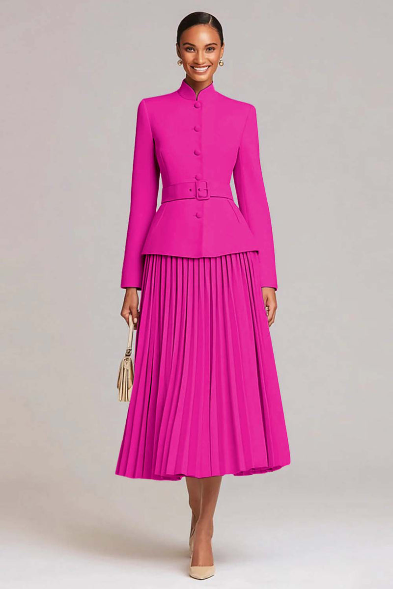 2 Piece Light Pink Pleated High Neck Business Suits with Belt