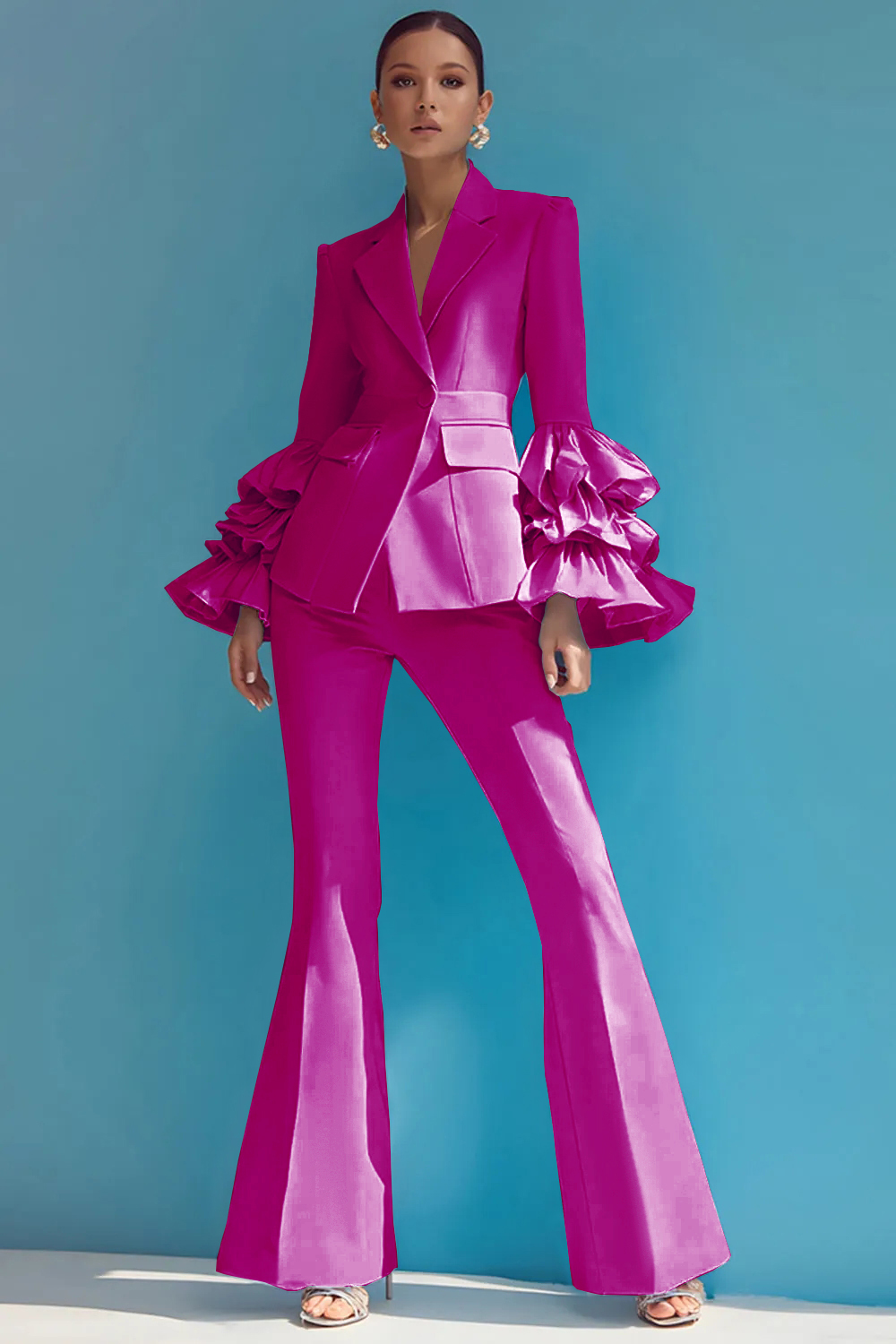 2 Piece Blue Notched Lapel One Button Ruffled Long Sleeves Business Suits