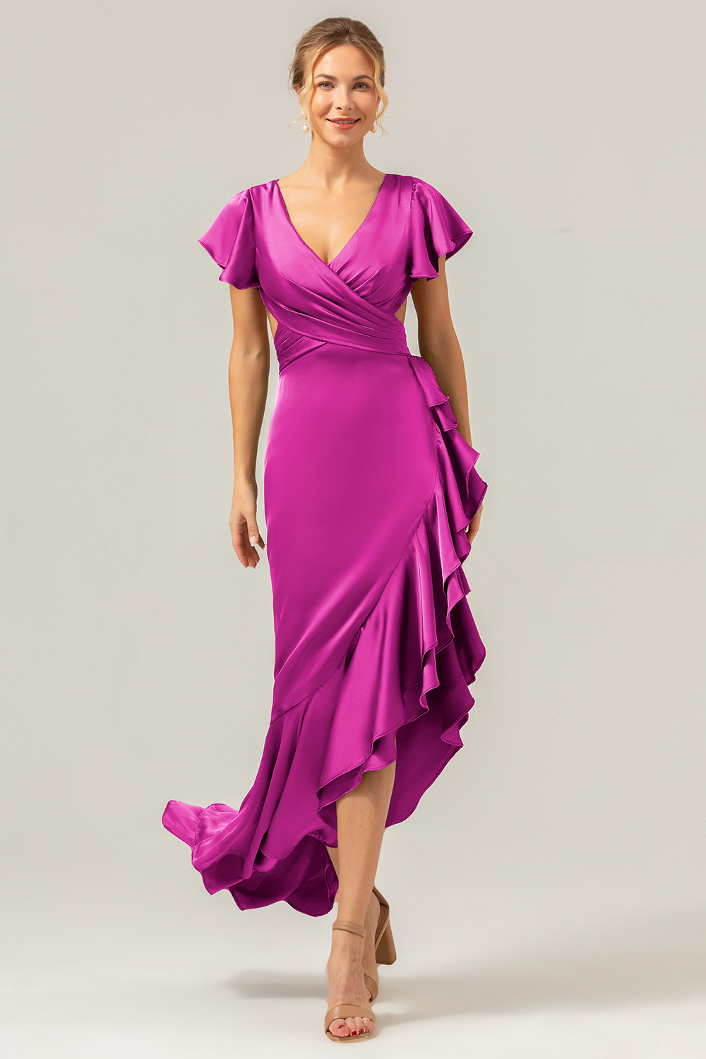 Elegant Asymmetrical Midi Formal Dress with Bow Back