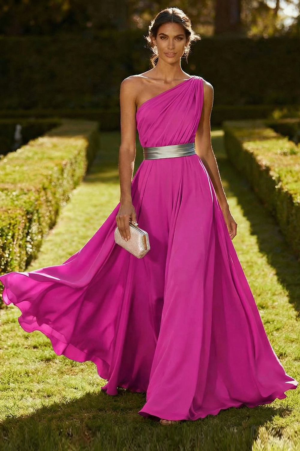 Olive Chiffon One Shoulder Long Ruched Wedding Guest Dress