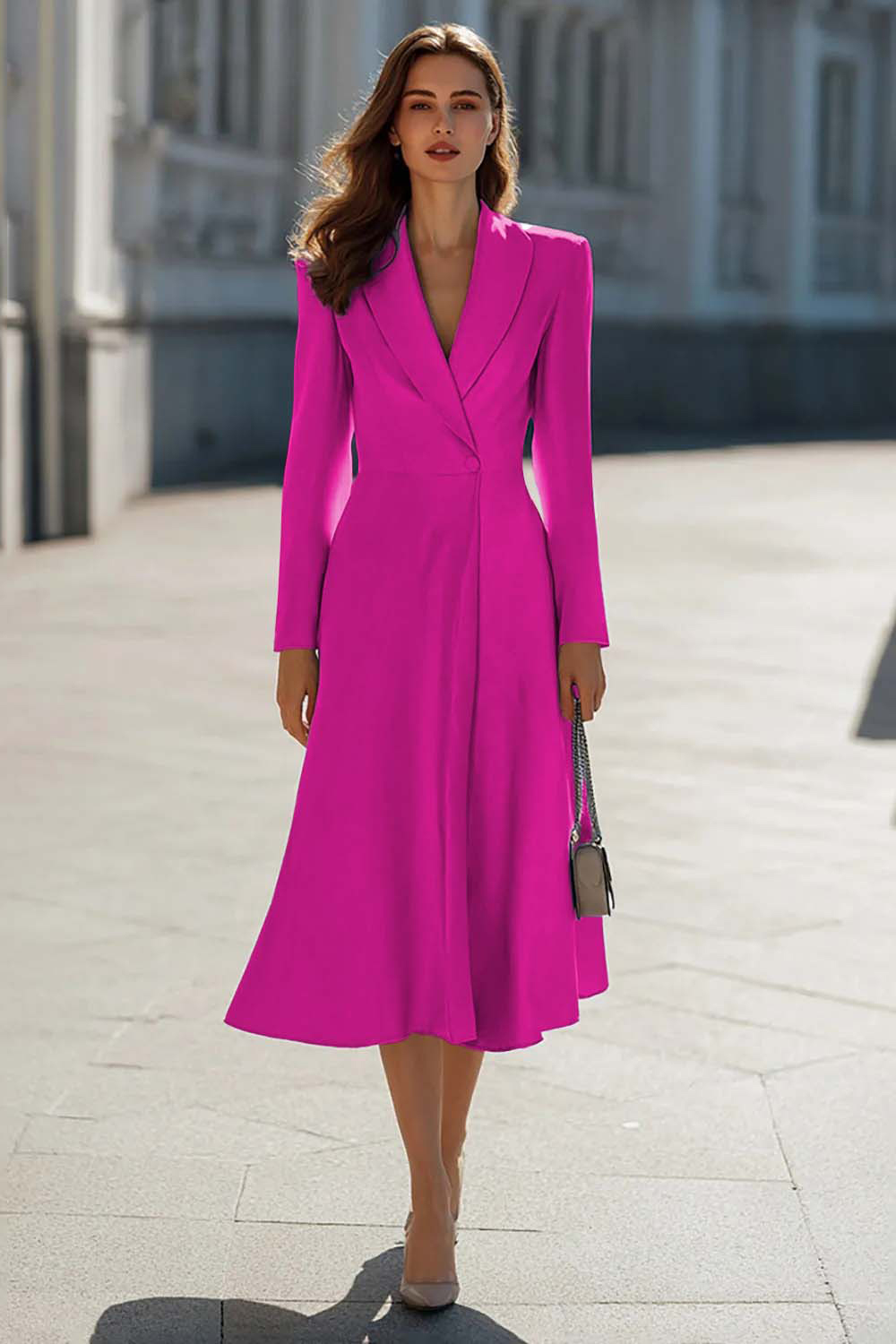 Sky Blue A Line Shawl Lapel Midi Blazer Dress with Sleeves