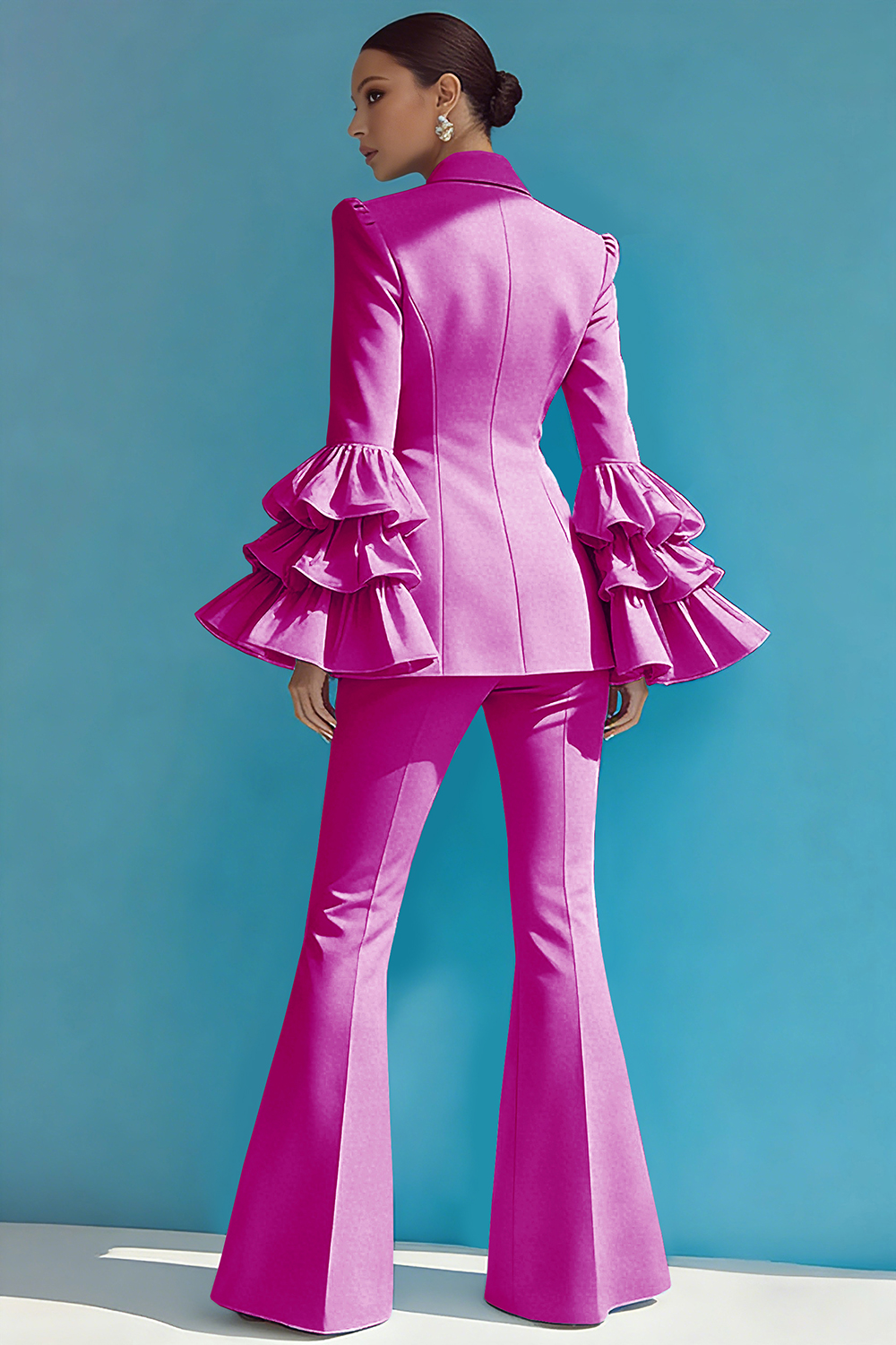 2 Piece Blue Notched Lapel One Button Ruffled Long Sleeves Business Suits