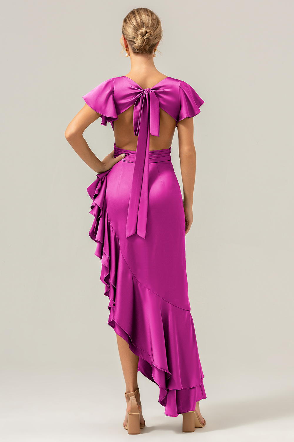 Elegant Asymmetrical Midi Formal Dress with Bow Back