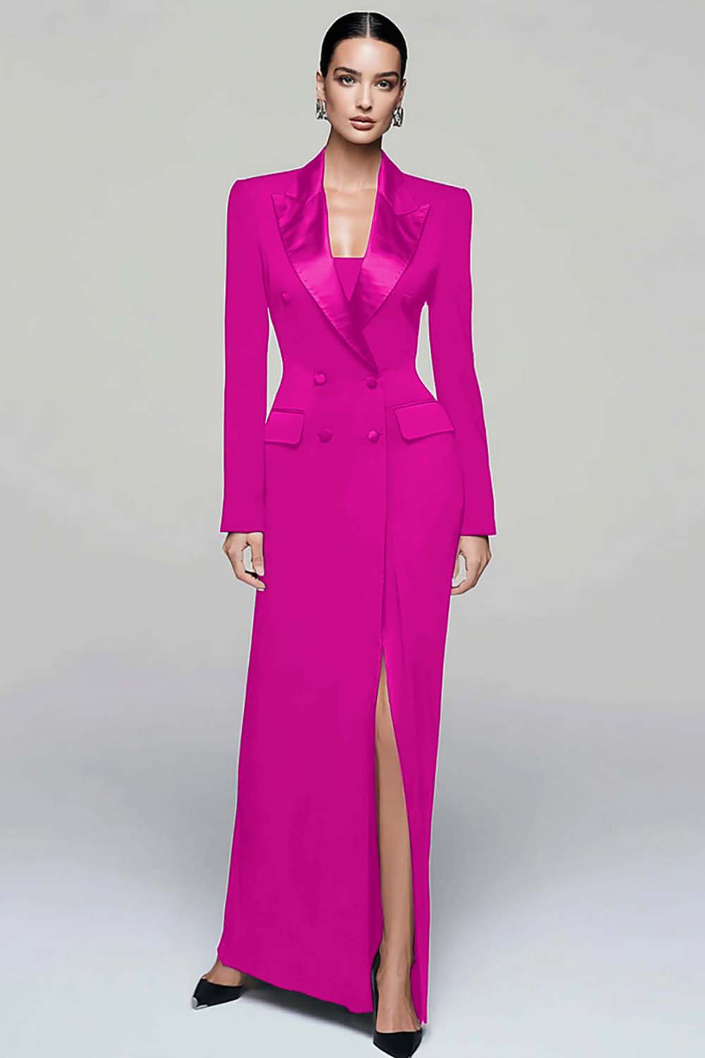 Black Pencil Peak Lapel Double Breasted Maxi Blazer Dress with Sleeves