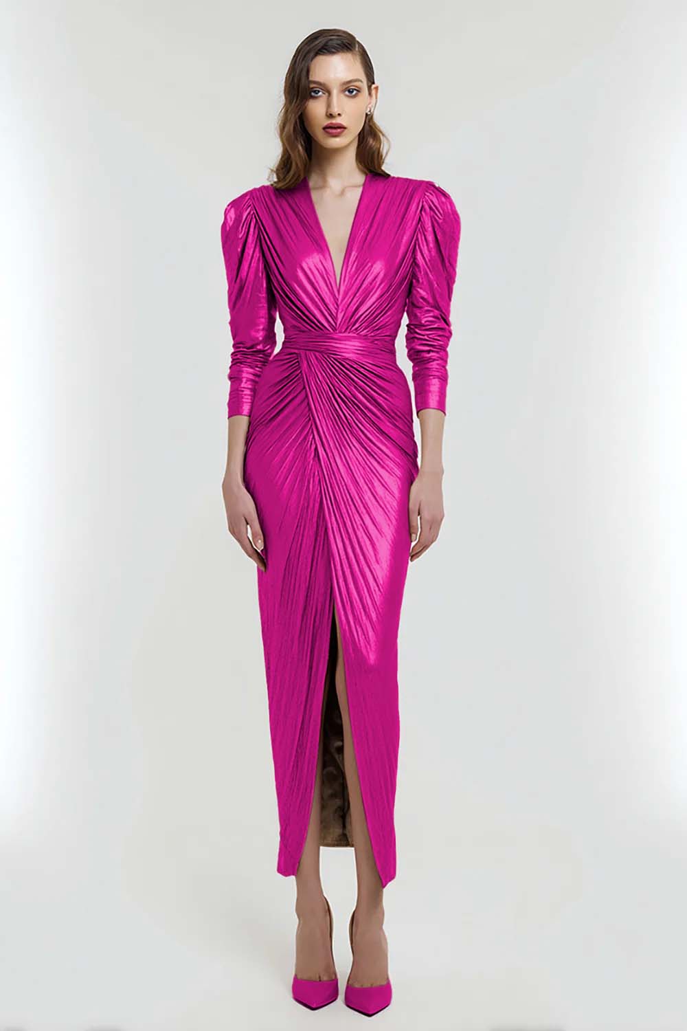 Light Gold V-Neck Sheath Metallic Long Evening Dress with Sleeves