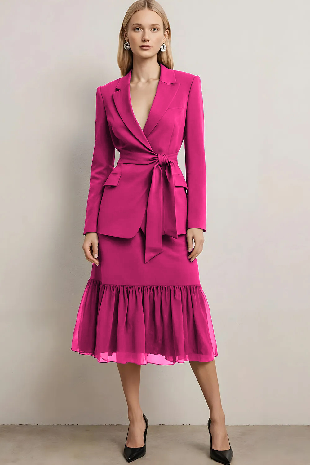 2 Piece Dark Purple Notched Lapel Midi Skirt Business Suits with Sash