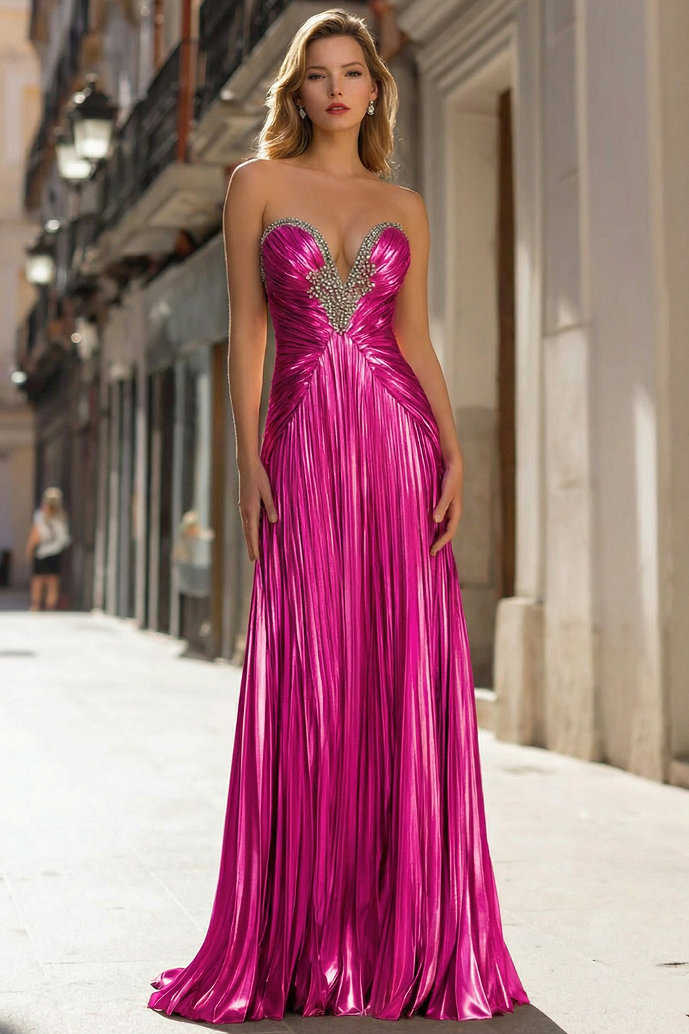 Sparkly Gold Pleated Strapless Metallic Long Prom Dress