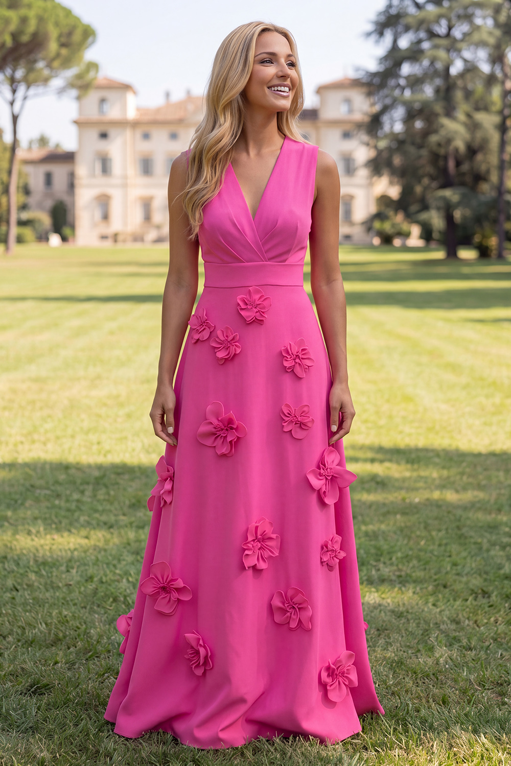 Fuchsia and Orange Color Block Floral V Neck A Line Maxi Wedding Guest Dress