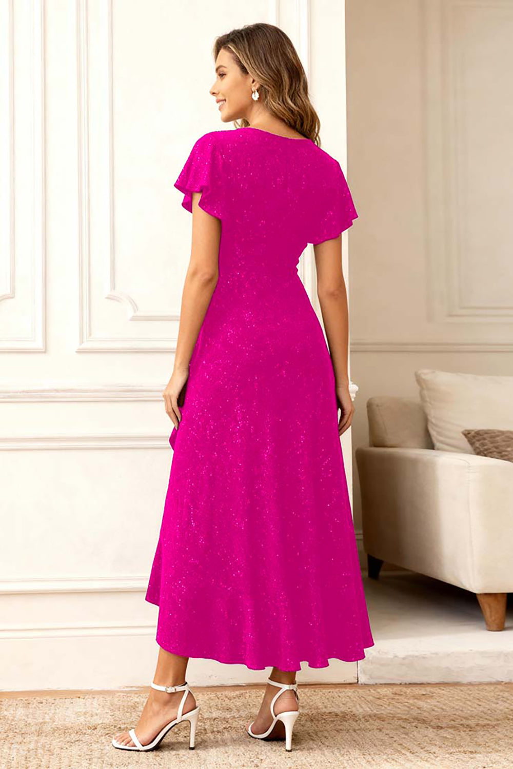 Glitter Dark Navy Round Neck Long Holiday Party Dress with Sleeves