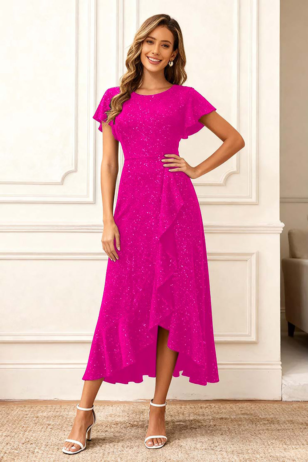 Glitter Dark Navy Round Neck Long Holiday Party Dress with Sleeves