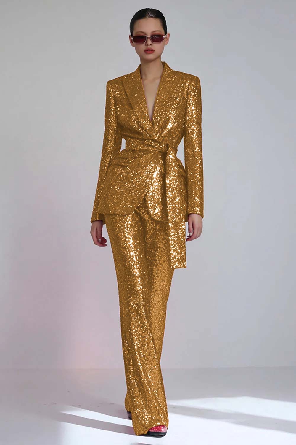 Red Sparkly 2 Piece Sequins Women Party Suits with Sash