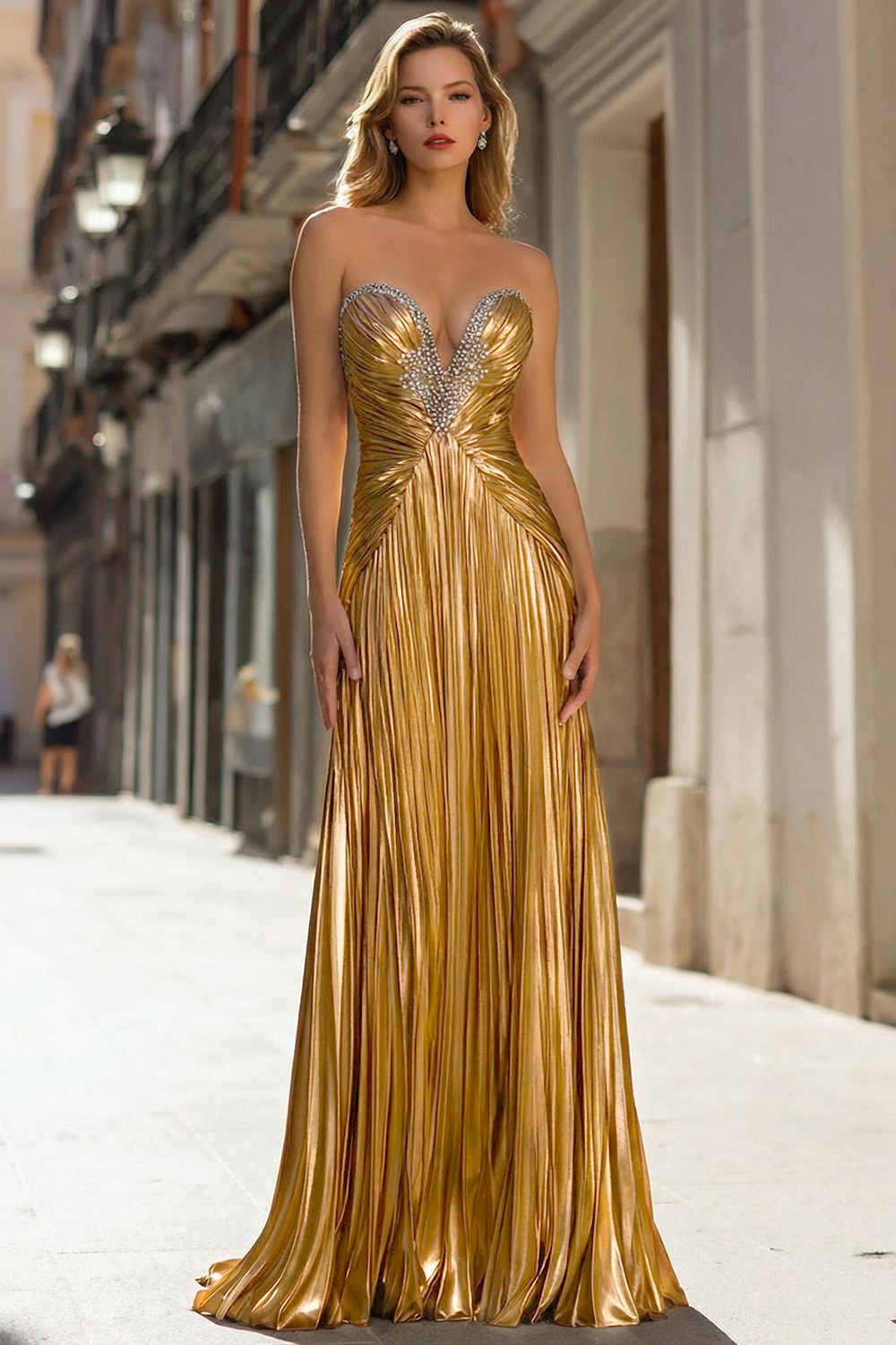 Sparkly Gold Pleated Strapless Metallic Long Prom Dress
