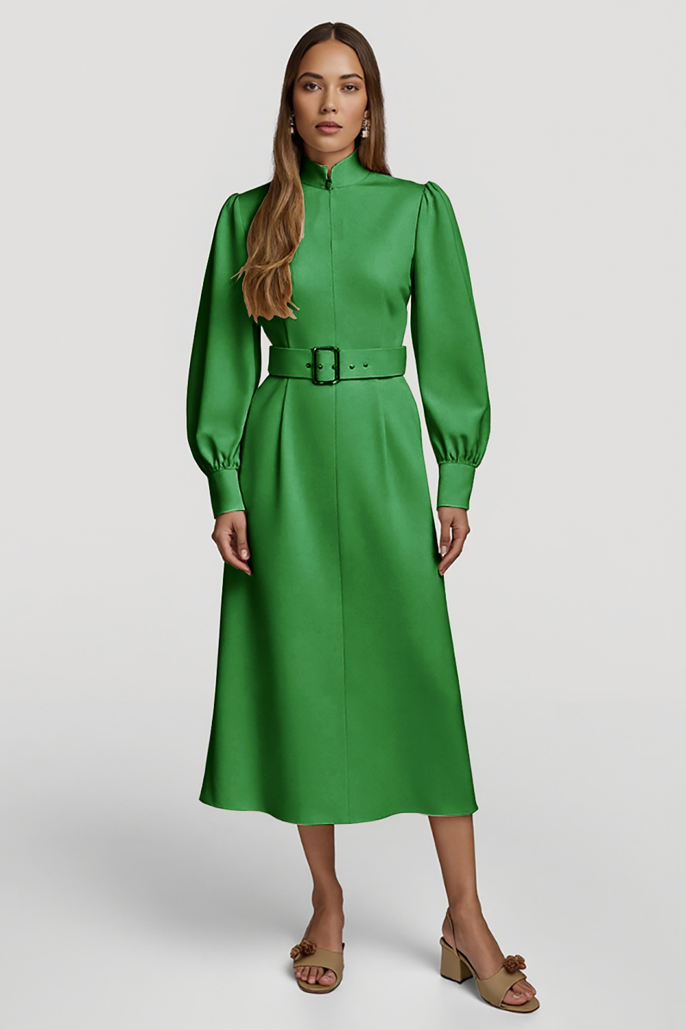 Grey Pink Pencil High Neck Midi Satin Work Dress with Belts