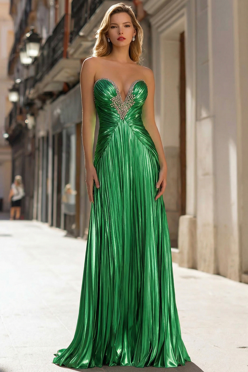 Sparkly Gold Pleated Strapless Metallic Long Prom Dress