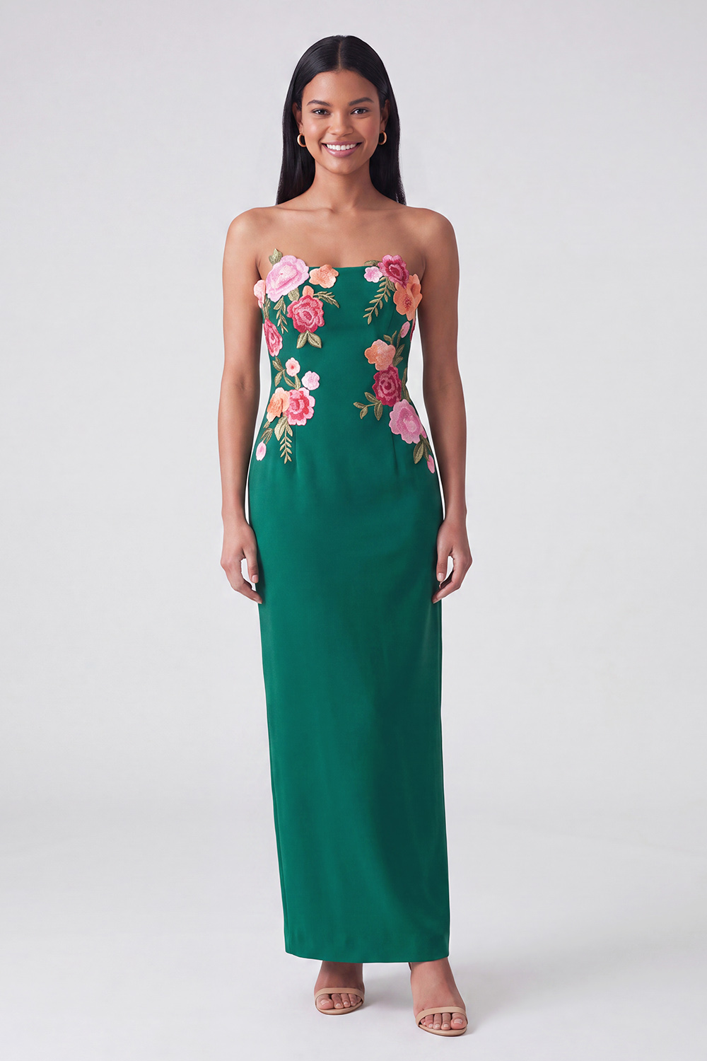 Black Strapless Floral Sheath Maxi Wedding Guest Dress