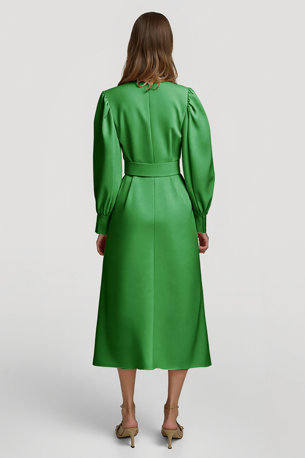 Grey Pink Pencil High Neck Midi Satin Work Dress with Belts