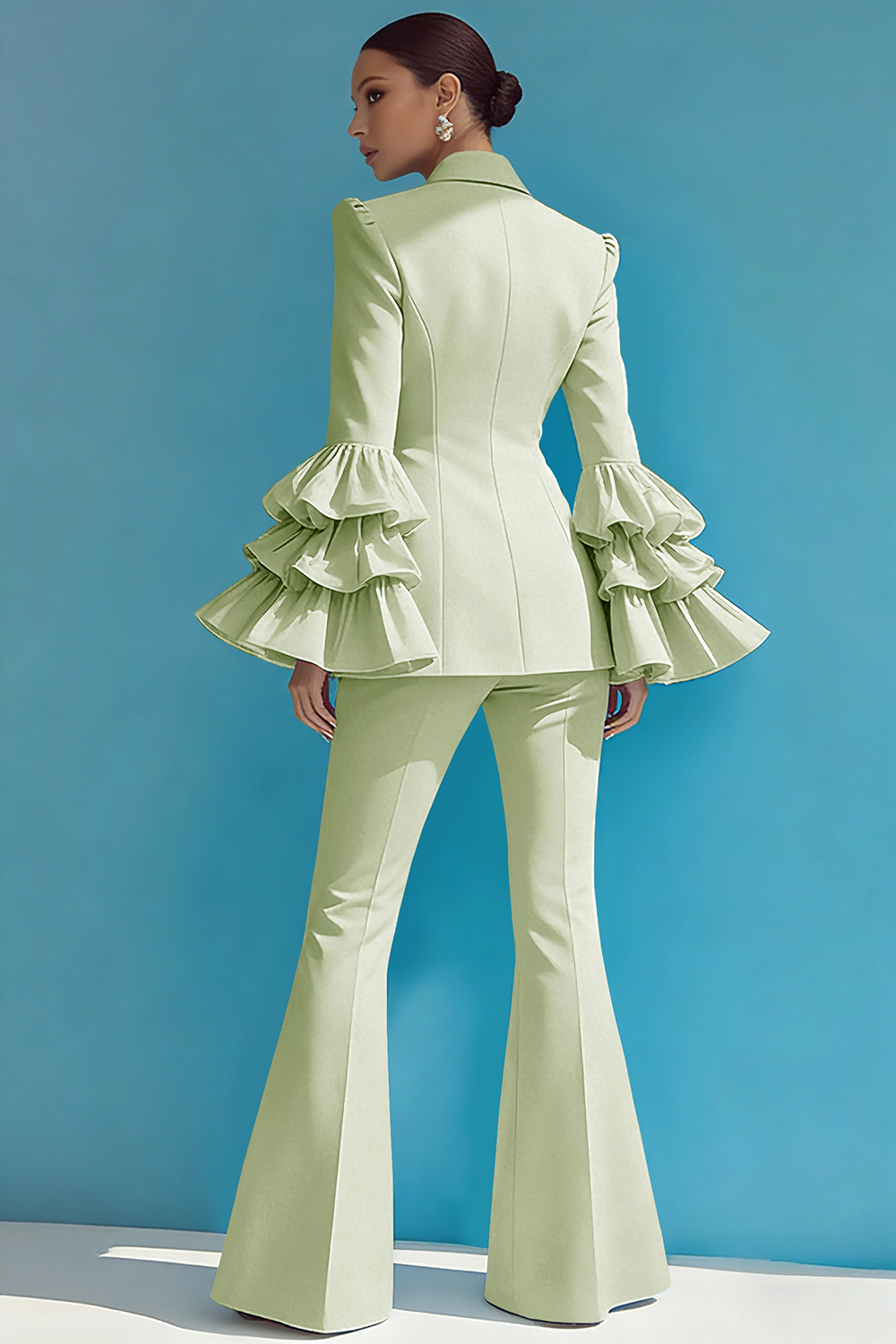 2 Piece Blue Notched Lapel One Button Ruffled Long Sleeves Business Suits