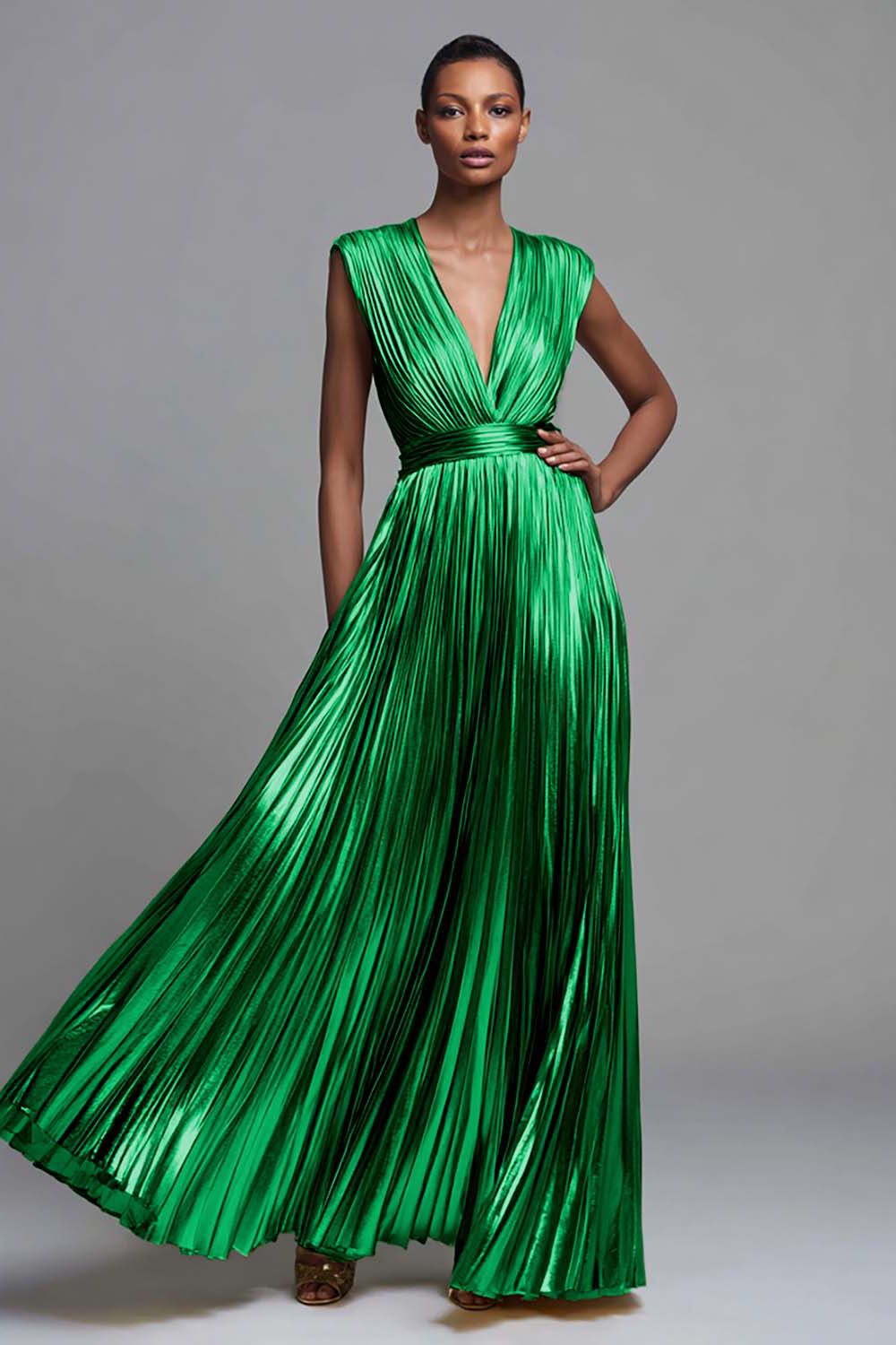 Metallic Gold Deep V-Neck Pleated A Line Long Holiday Party Dress
