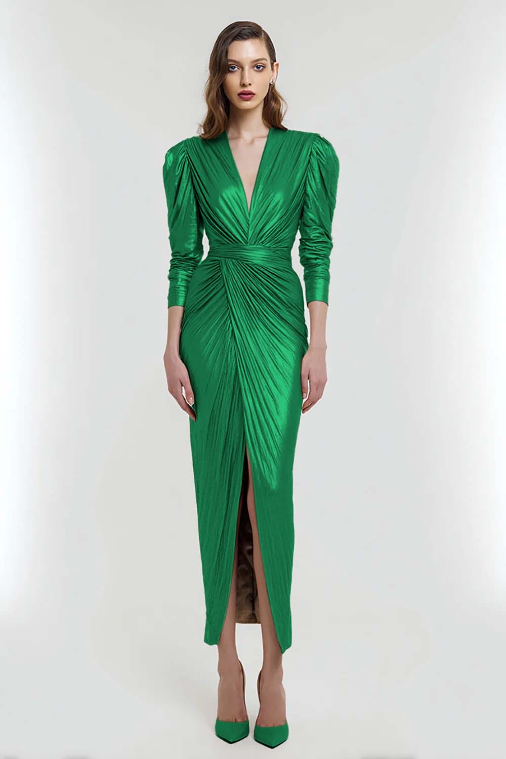 Light Gold V-Neck Sheath Metallic Long Evening Dress with Sleeves