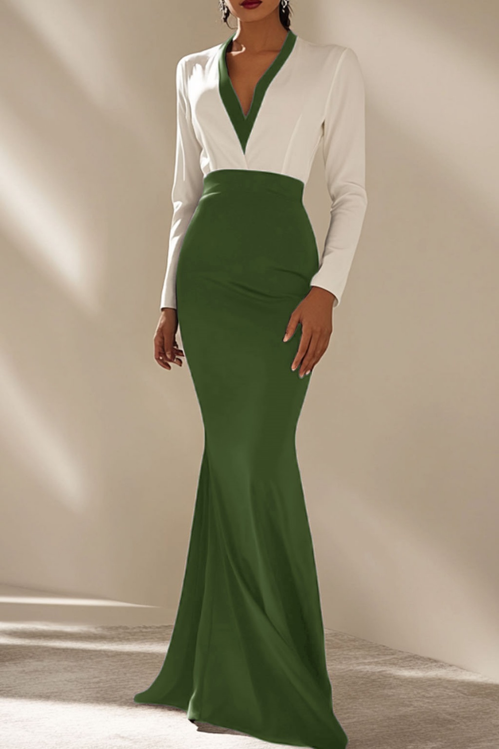 Black and White Mermaid V-Neck Long Sleeve Wedding Guest Dress