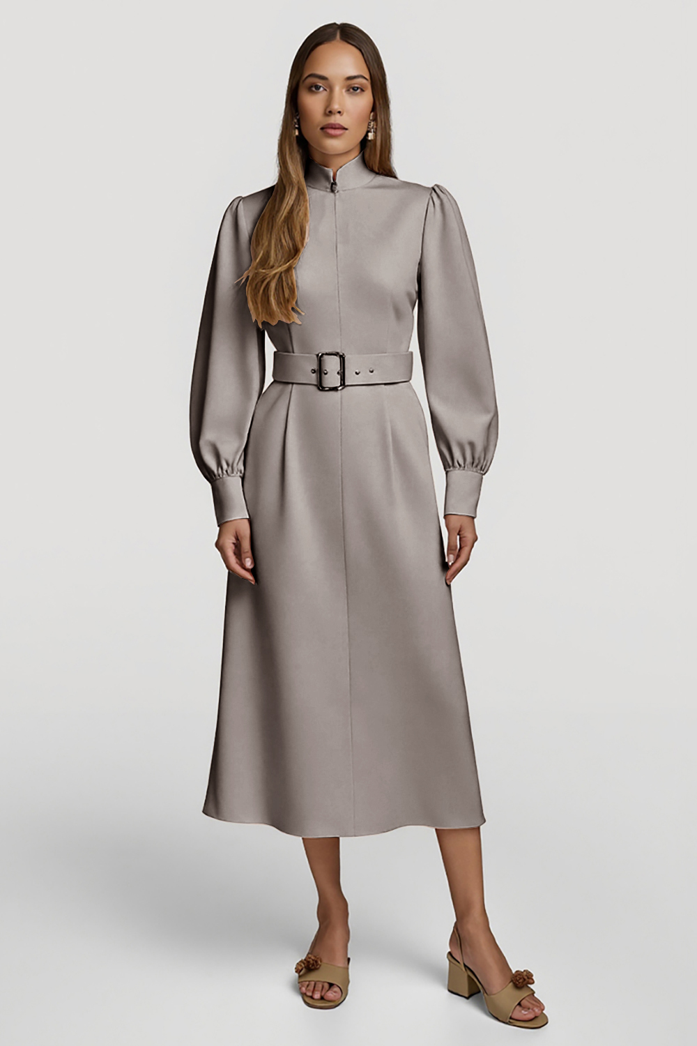 Grey Pink Pencil High Neck Midi Satin Work Dress with Belts