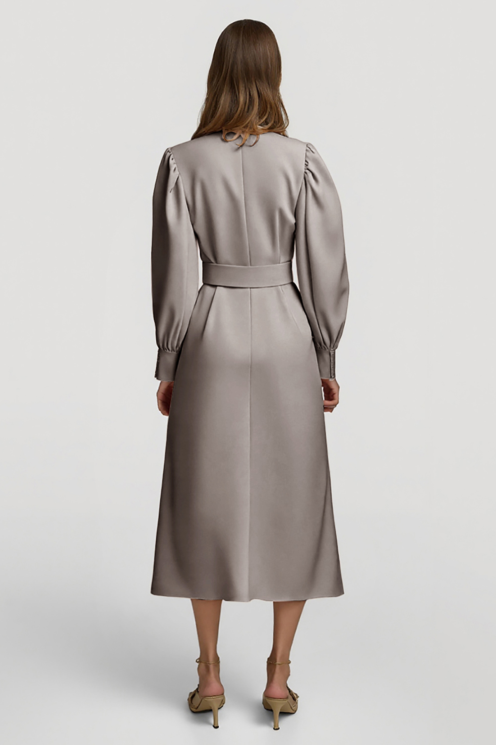 Grey Pink Pencil High Neck Midi Satin Work Dress with Belts