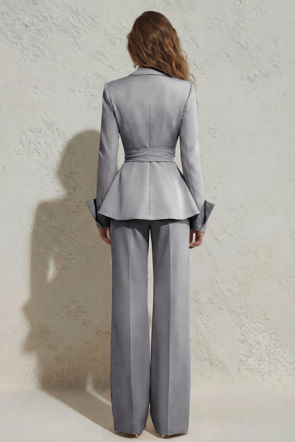 Ivory 2 Piece Wide Leg Peak Lapel Long Business Suits with Sash