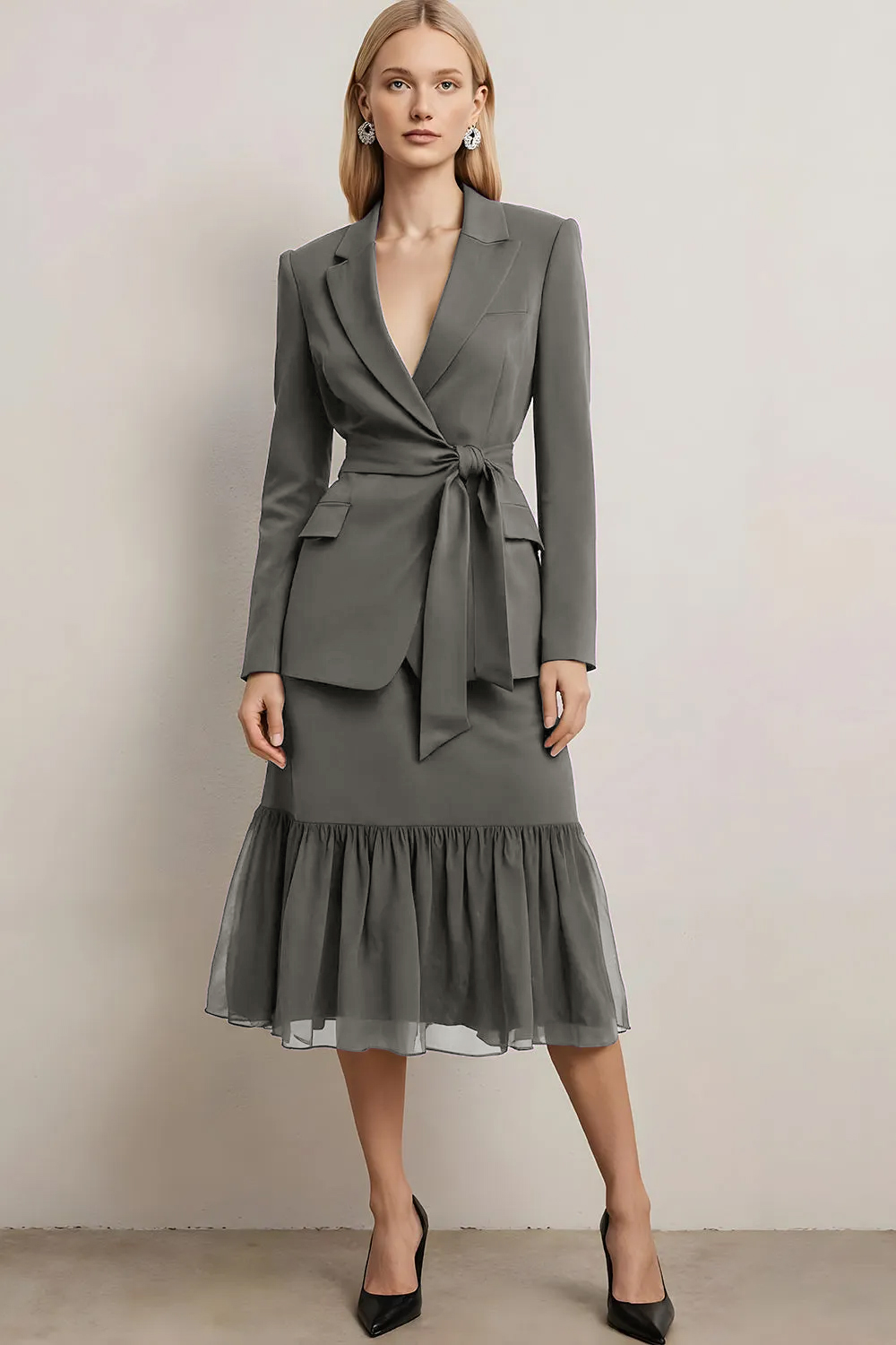 2 Piece Dark Purple Notched Lapel Midi Skirt Business Suits with Sash