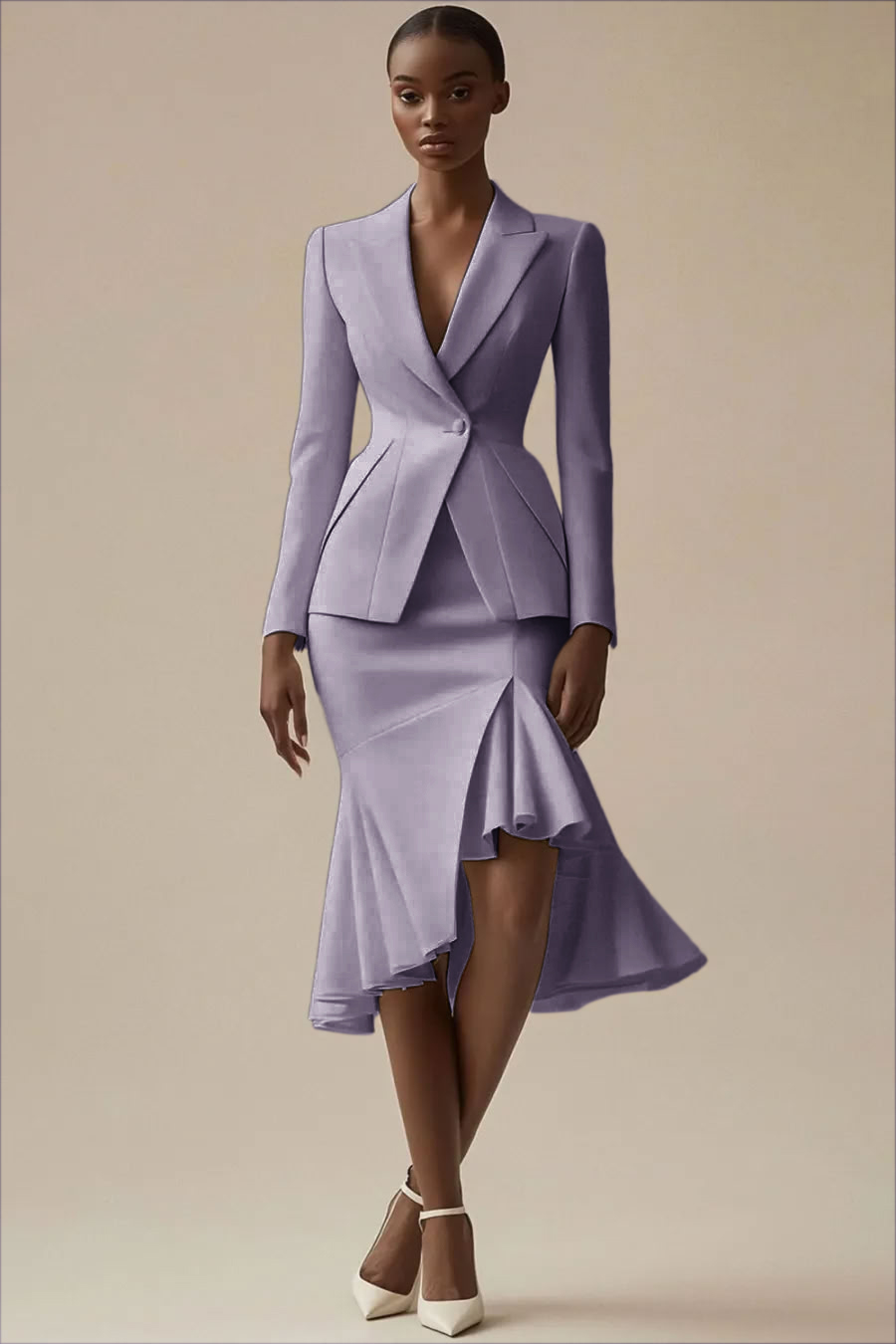 Ivory Satin 2 Piece Peak Lapel Bodycon Midi Business Suits