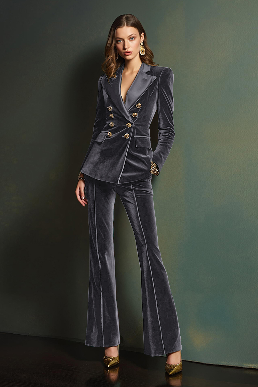 2 Piece Dark Green Velvet Double Breasted Long Sleeves Business Suits