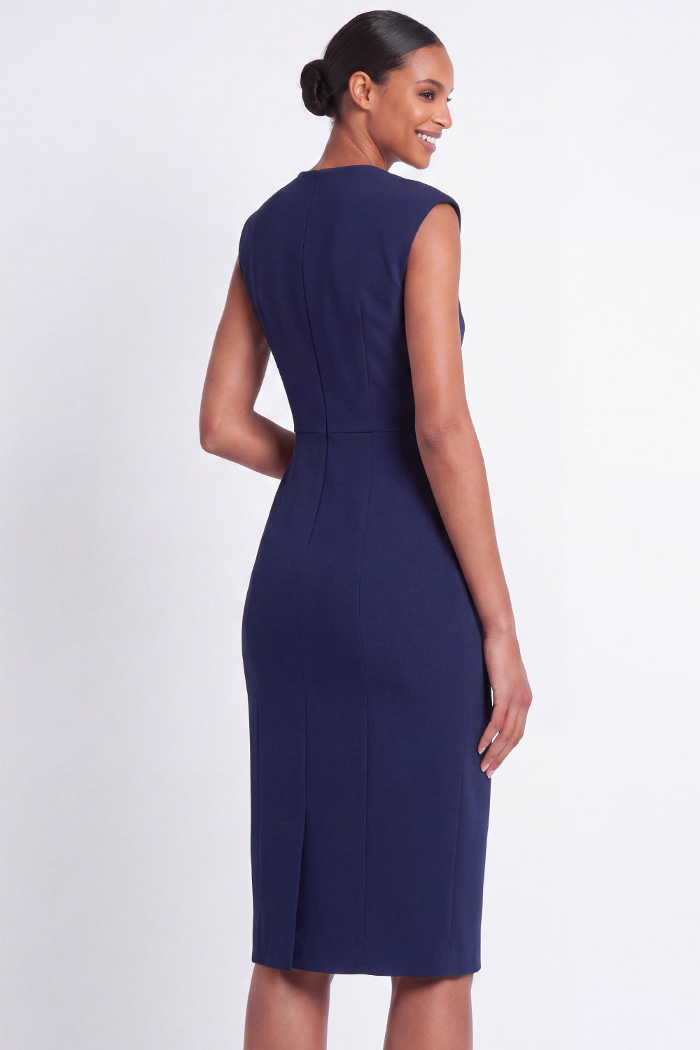 Navy Pencil V-Neck Cap Sleeves Midi Work Dress