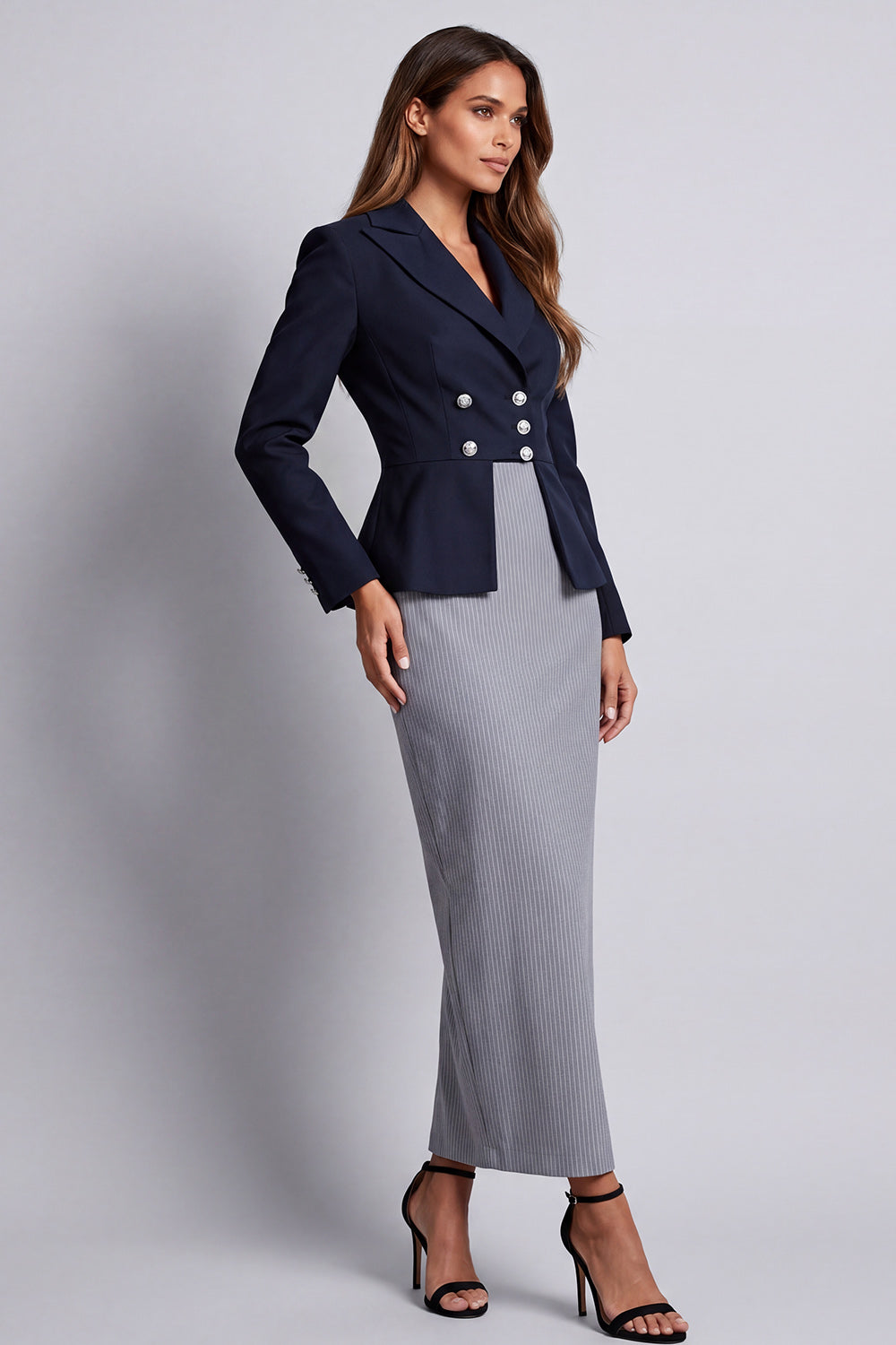 Navy Sheath Peak Lapel Double Breasted Striped Long Work Dress