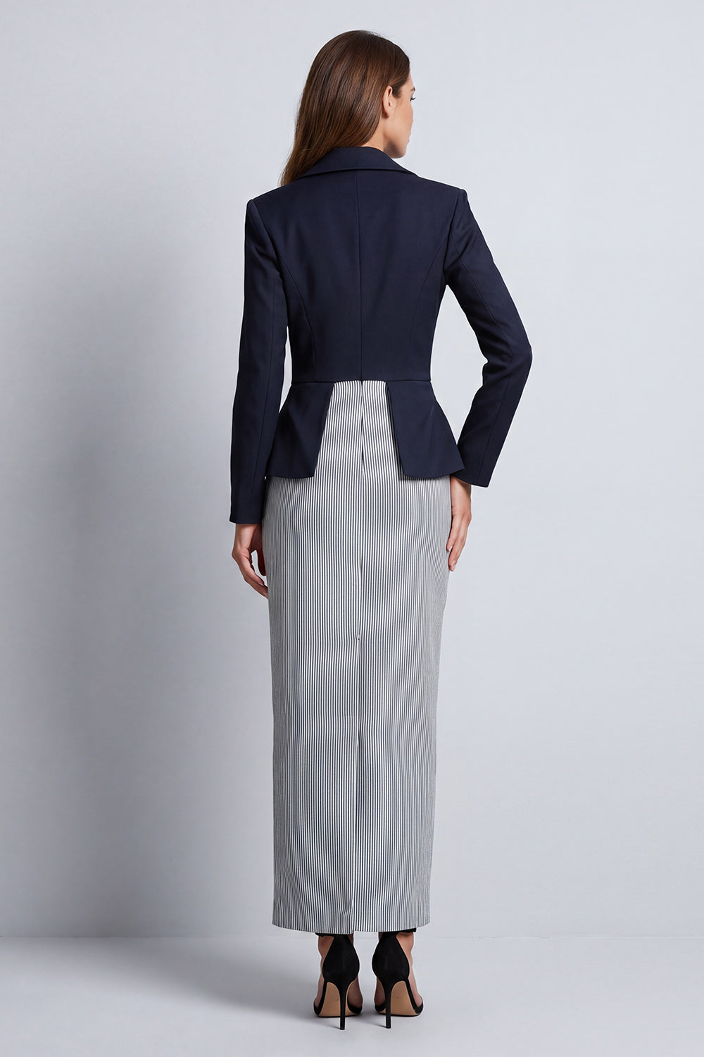 Navy Sheath Peak Lapel Double Breasted Striped Long Work Dress