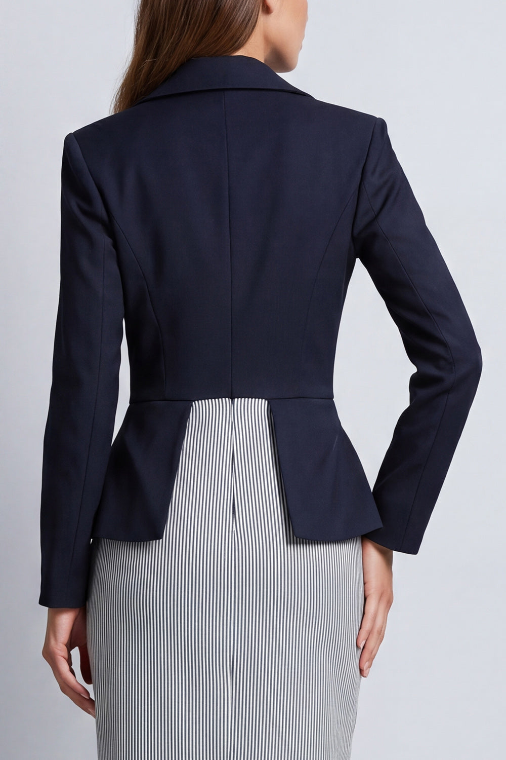 Navy Sheath Peak Lapel Double Breasted Striped Long Work Dress