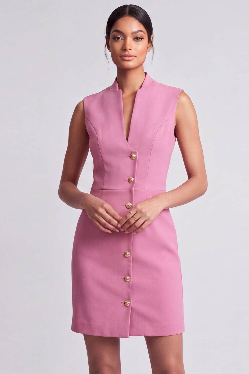 Yellow V-Neck Single Breasted Short Work Dress