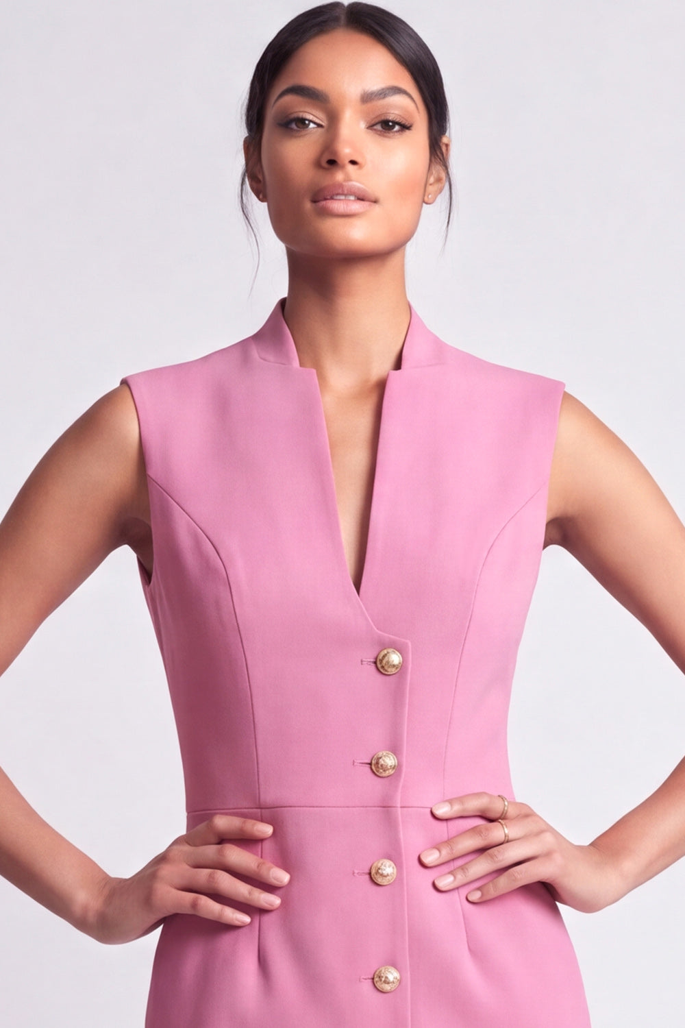 Yellow V-Neck Single Breasted Short Work Dress