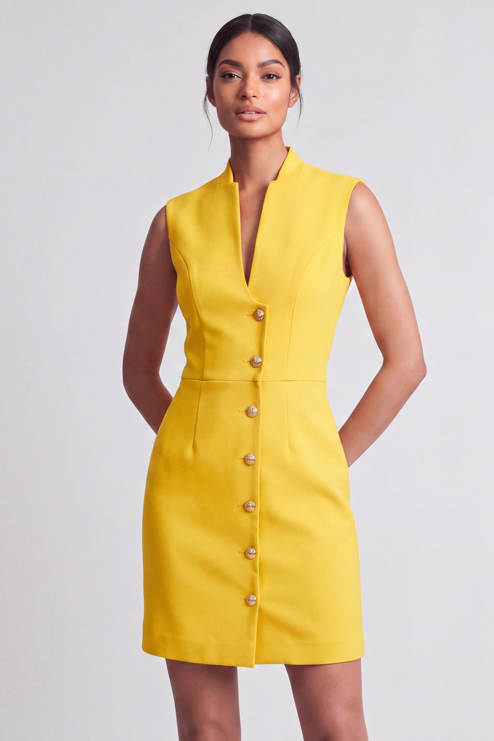 Yellow V-Neck Single Breasted Short Work Dress