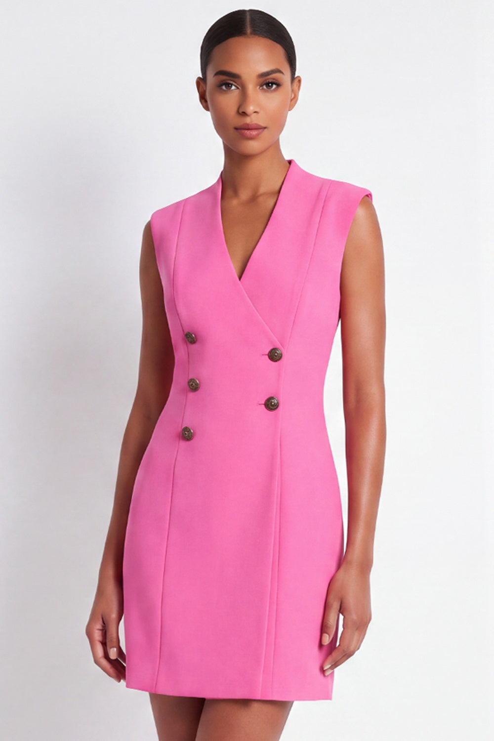 Pink V-Neck Double Breasted Tight Mini Work Dress