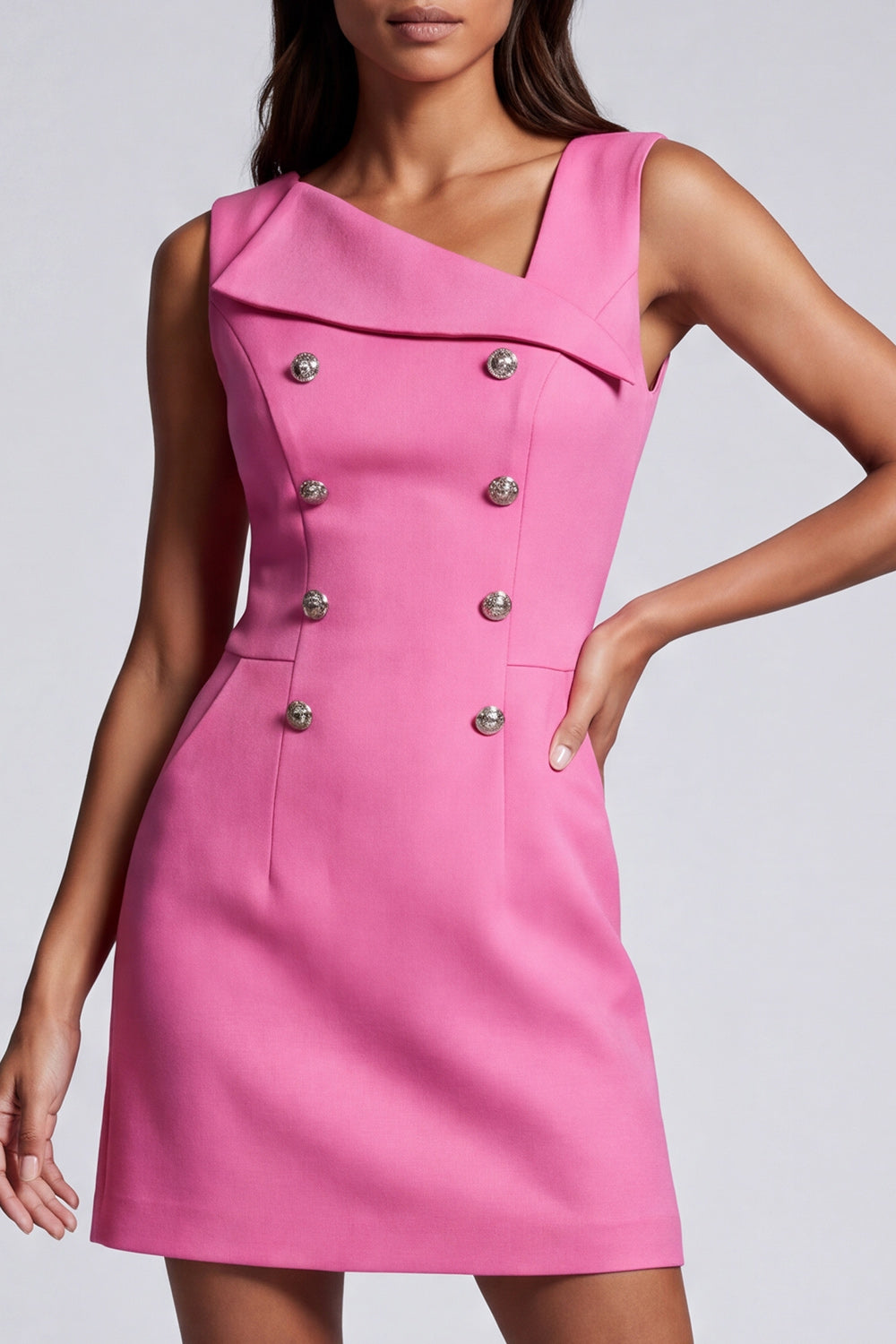 Hot Pink Double Breasted Asymmetrical Neck Mini Work Dress