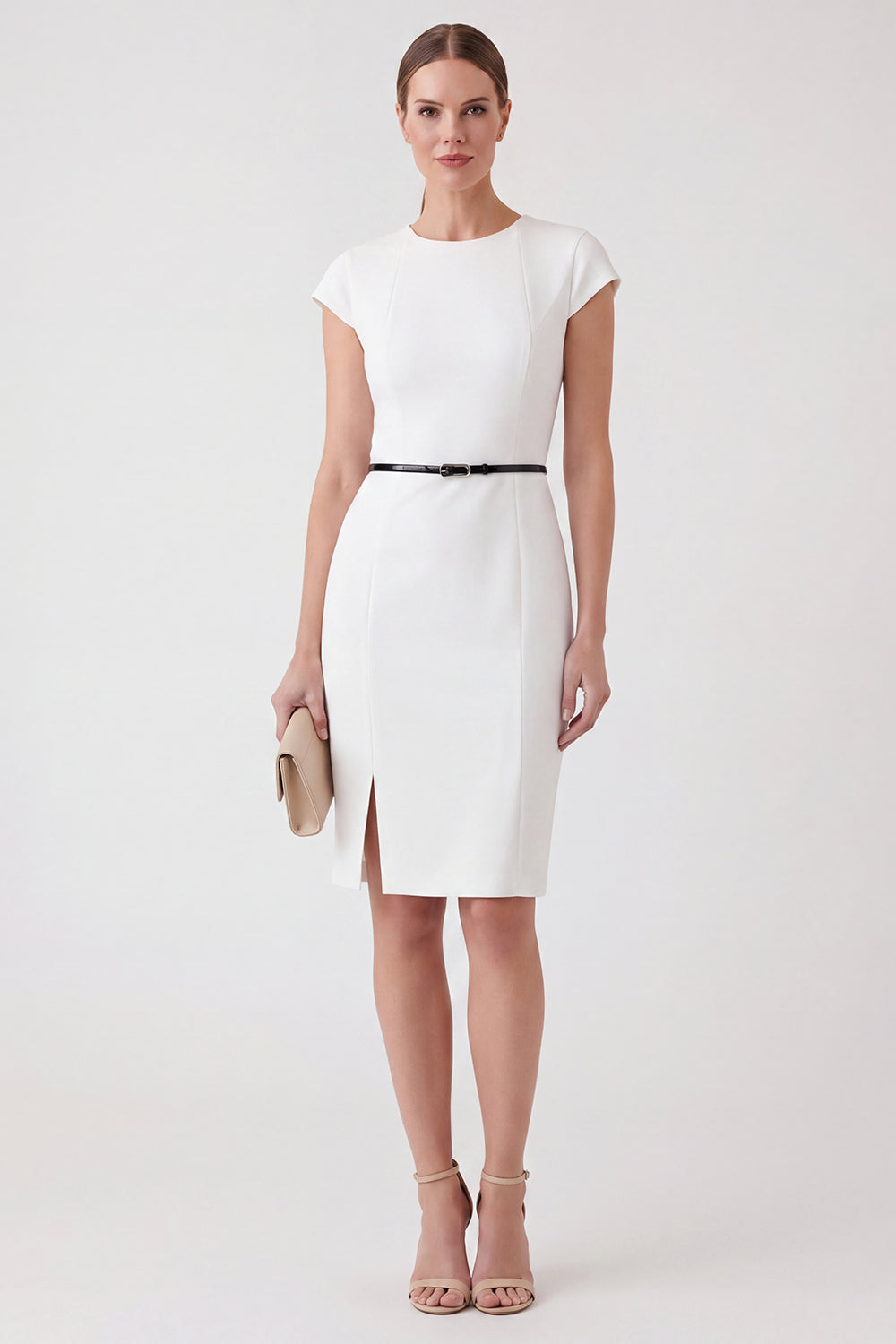 White Pencil Round Neck Cap Sleeves Midi Work Dress with Belt