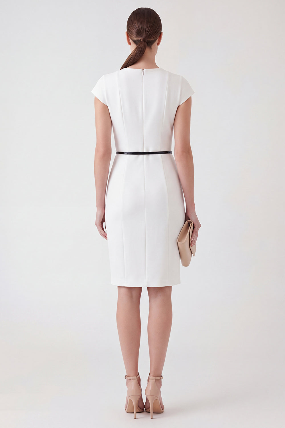 White Pencil Round Neck Cap Sleeves Midi Work Dress with Belt
