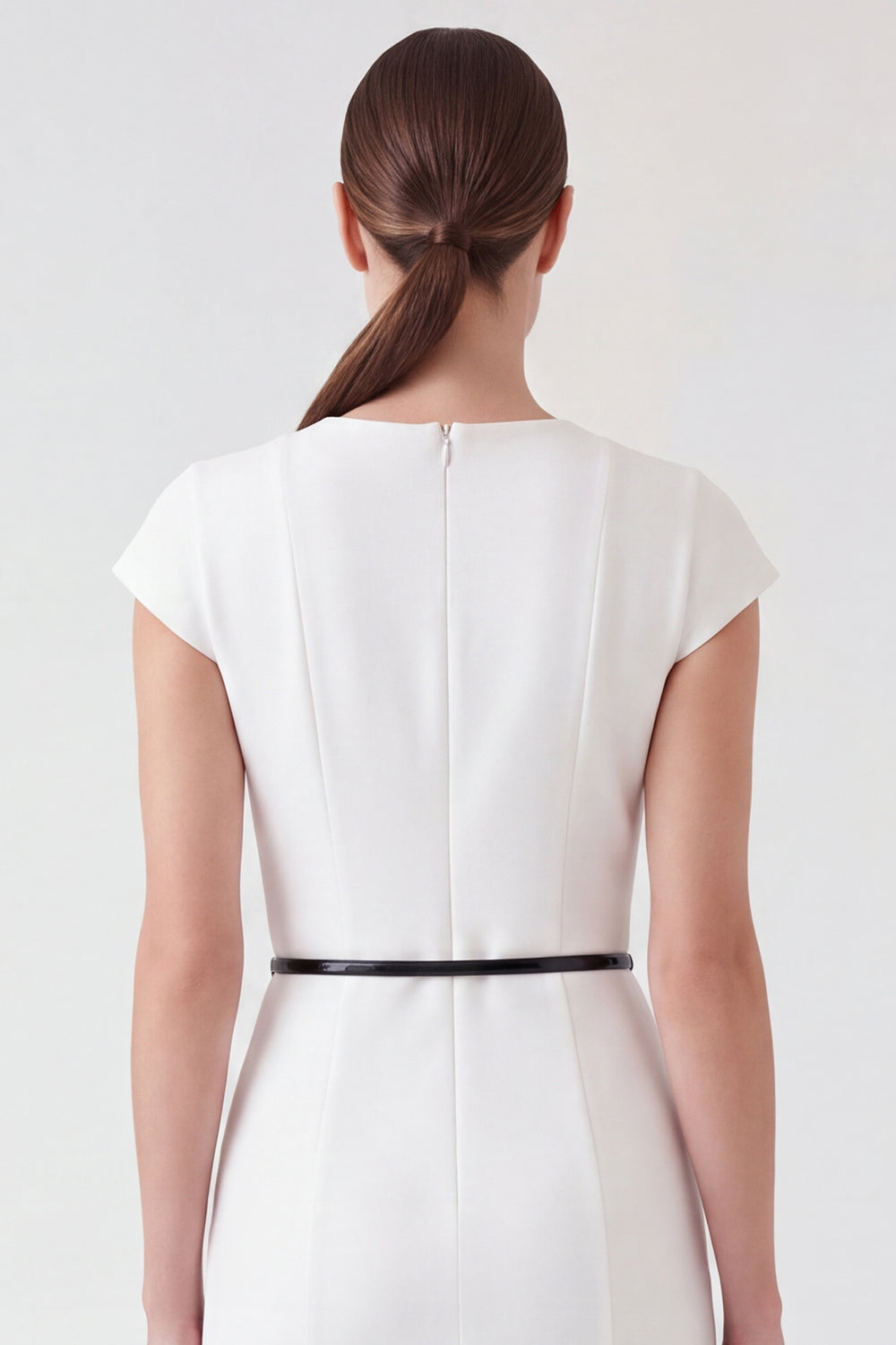 White Pencil Round Neck Cap Sleeves Midi Work Dress with Belt