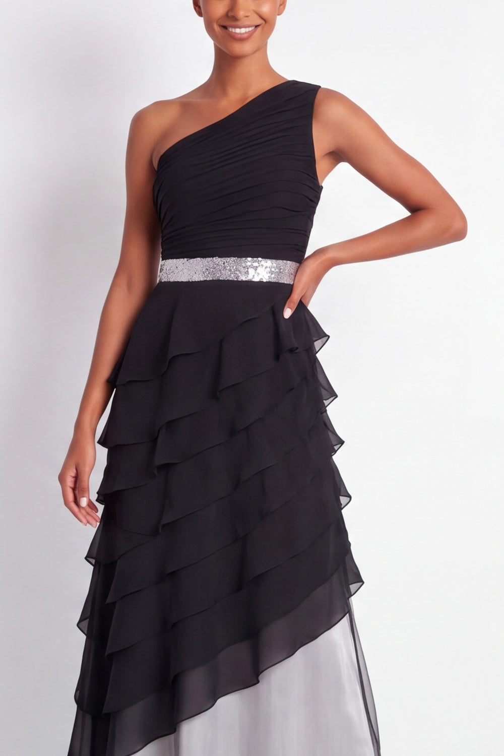 Black Ruffled A Line One Shoulder Maxi Wedding Guest Dress