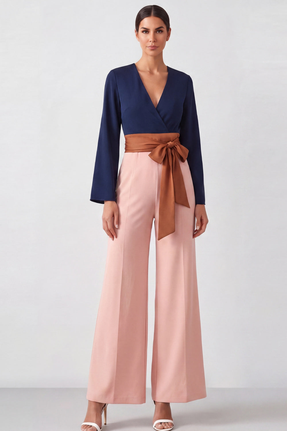 Brown V-Neck Color Block Long Sleeves Wedding Guest Jumpsuits with Belt