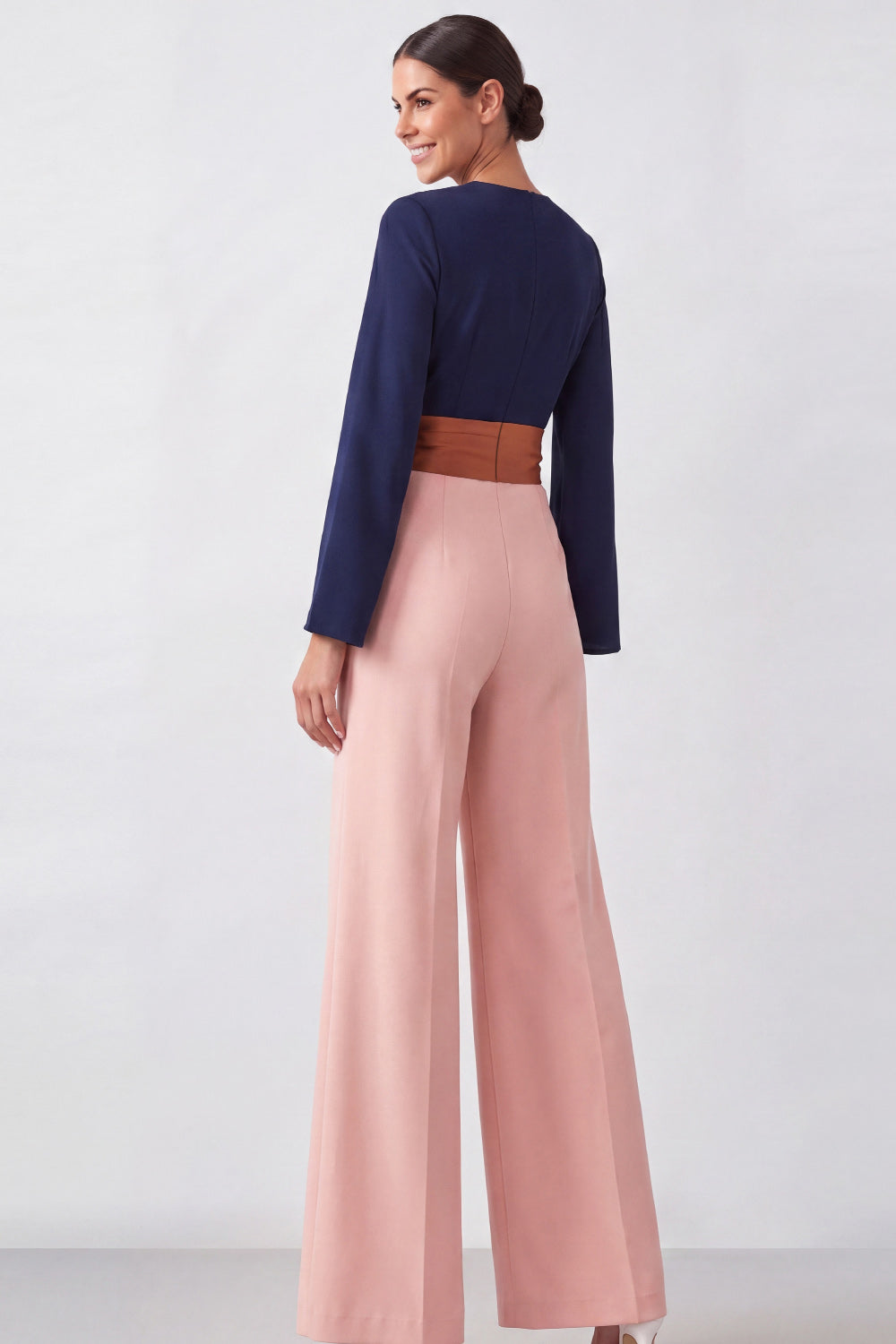 Brown V-Neck Color Block Long Sleeves Wedding Guest Jumpsuits with Belt
