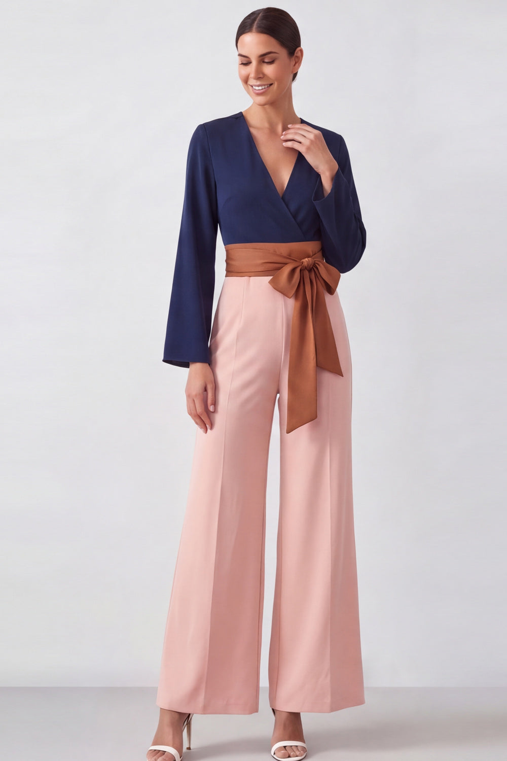 Brown V-Neck Color Block Long Sleeves Wedding Guest Jumpsuits with Belt